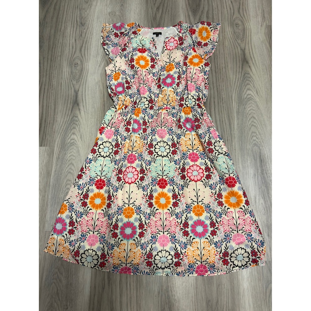 Talbots Womens Floral Flutter Sleeve Cotton Dress 8 Multi-Color Pink Orange Blue